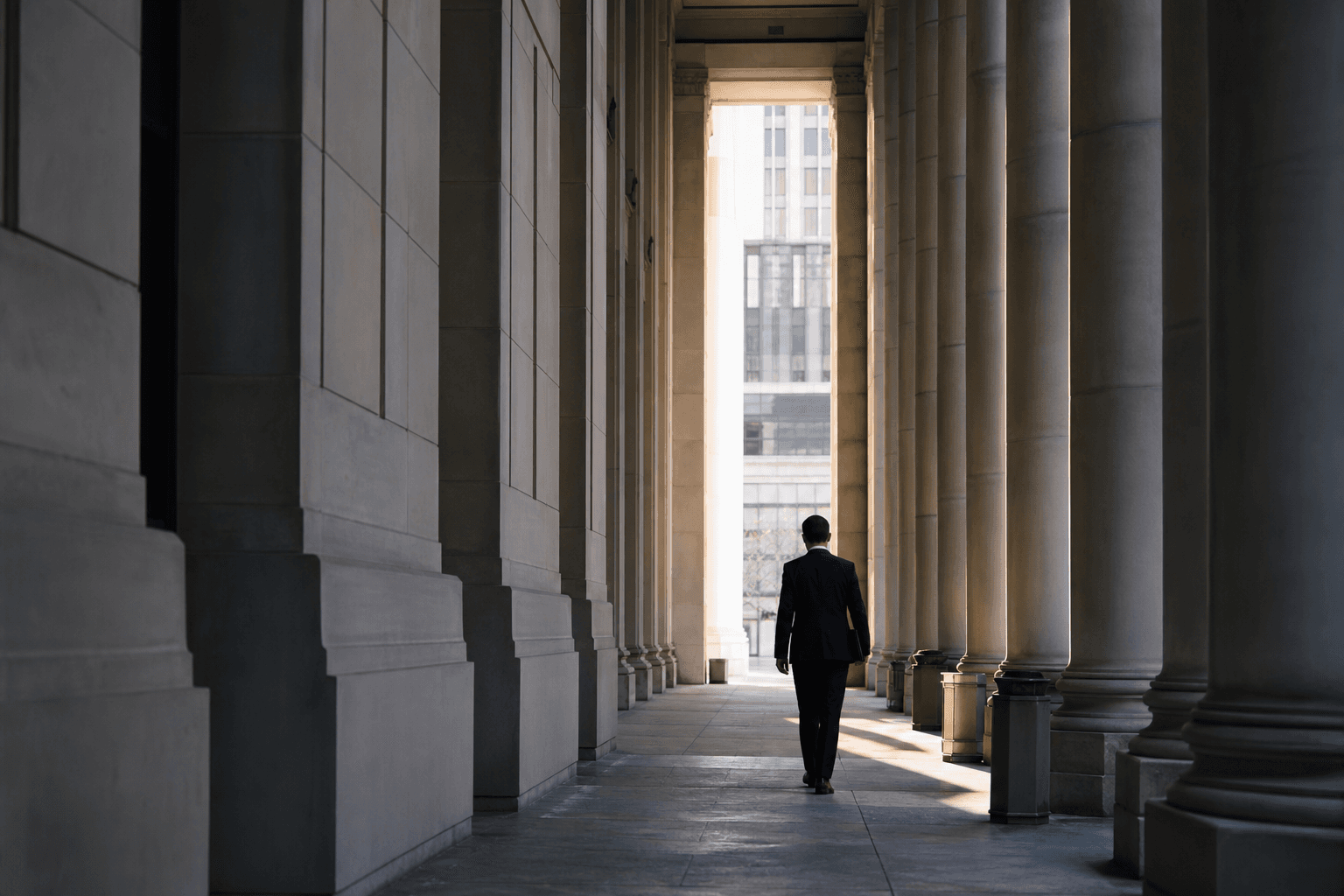 A professional walking through a quiet stone civic colonnade