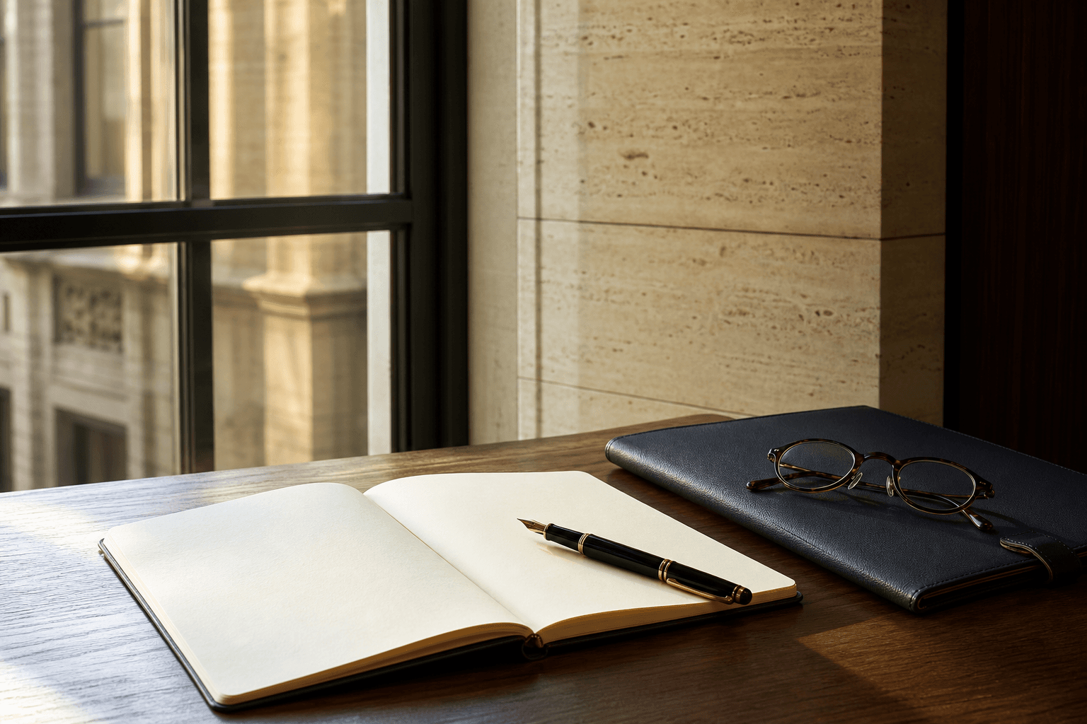 A notebook and portfolio on a quiet law office reading table