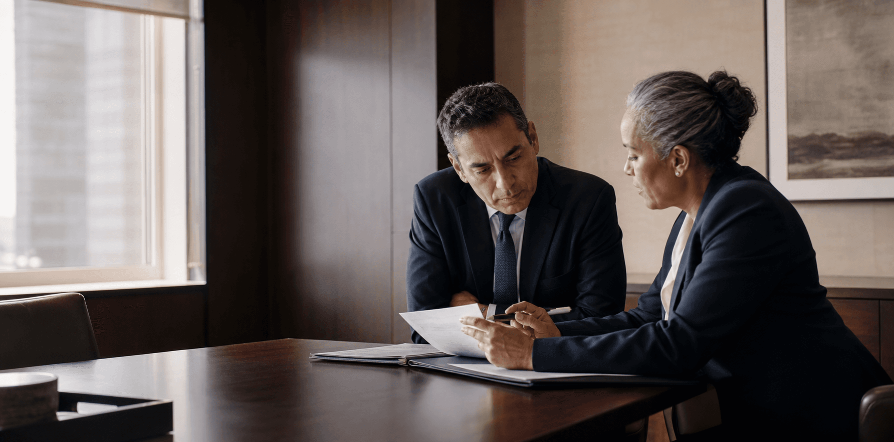 Attorneys considering documents together in a private meeting room