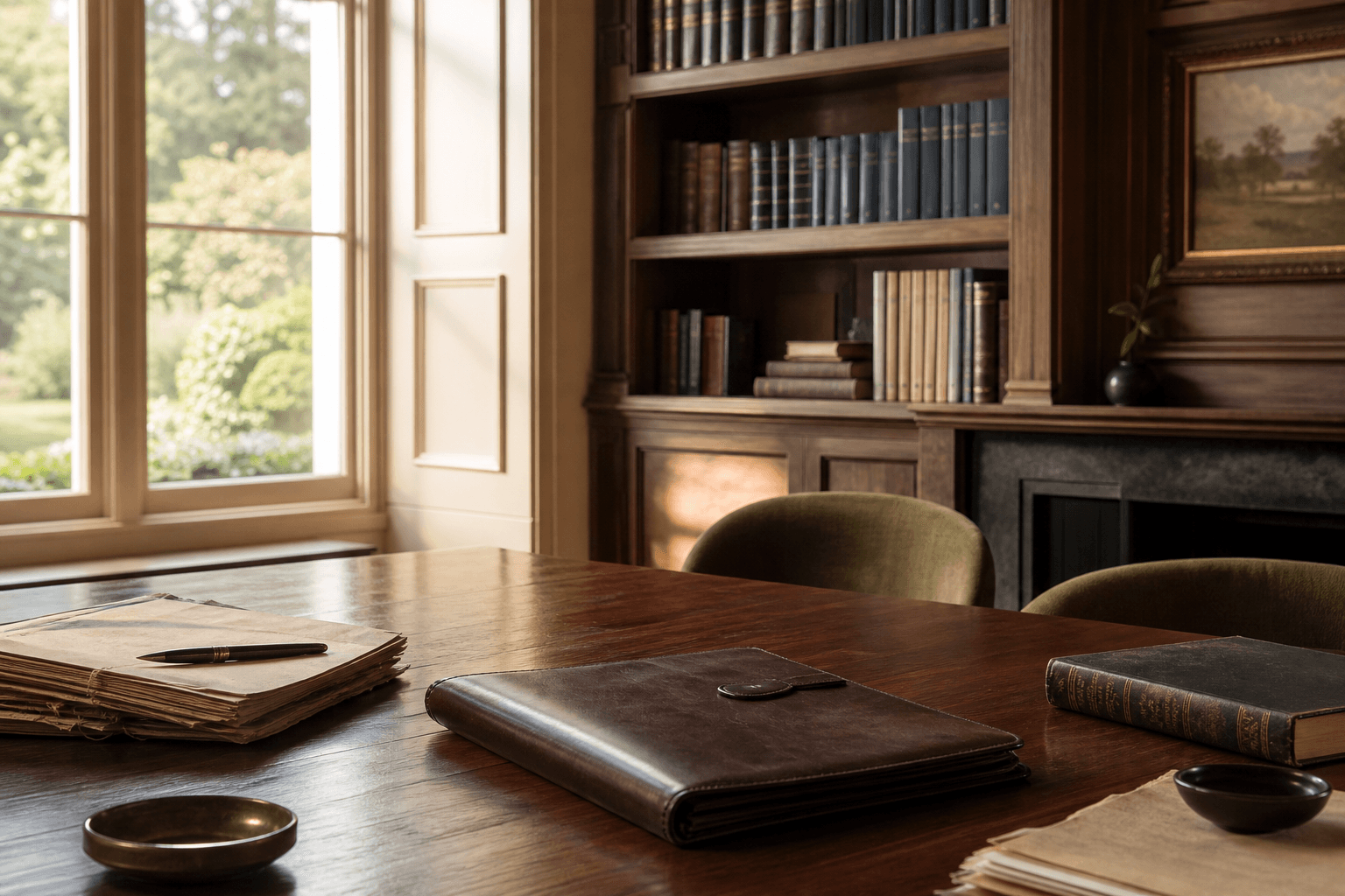 A private library with a walnut desk and morning light