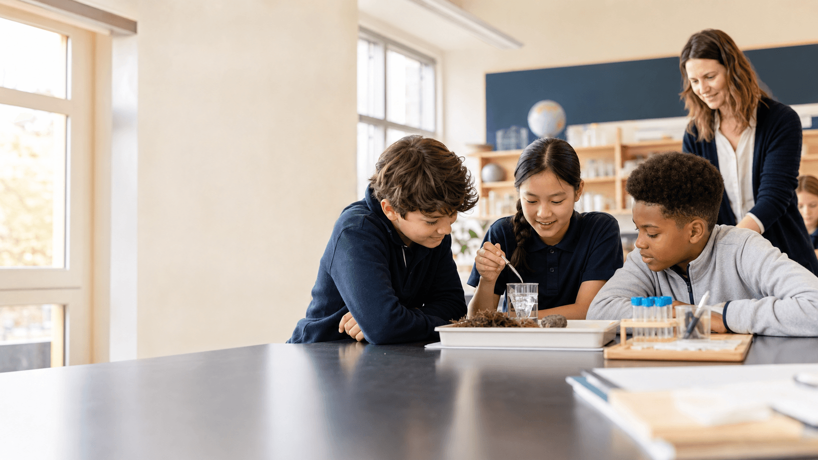Students collaborating on a science project in a bright classroom