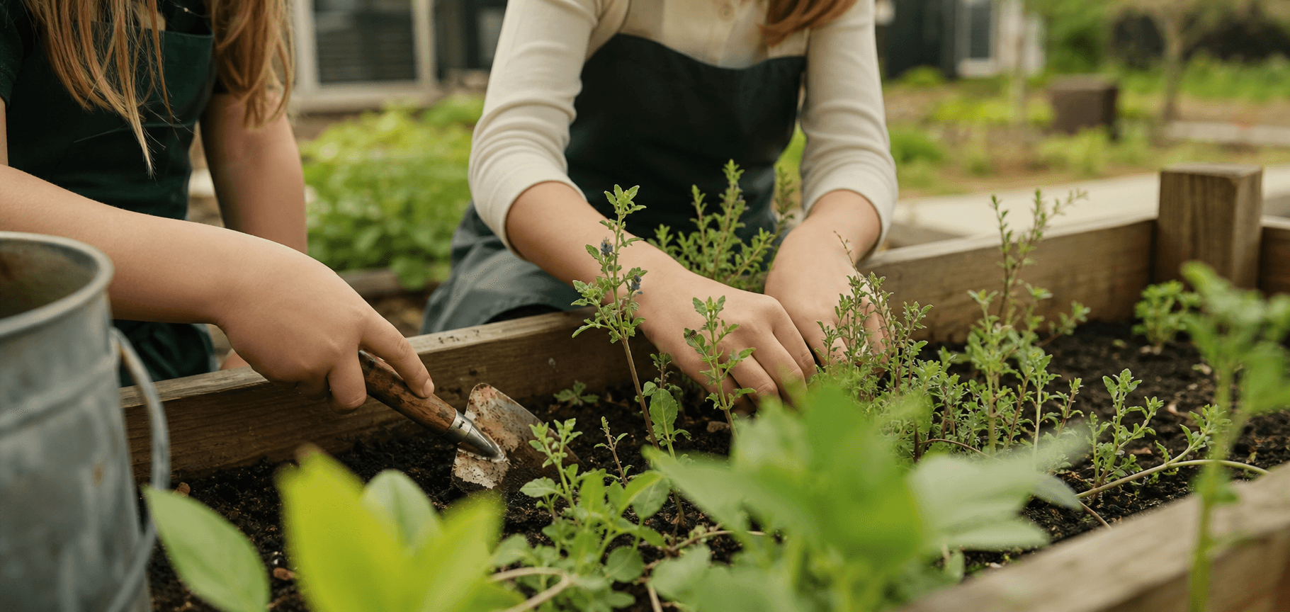 Students tending seedlings and herbs in raised wooden garden beds