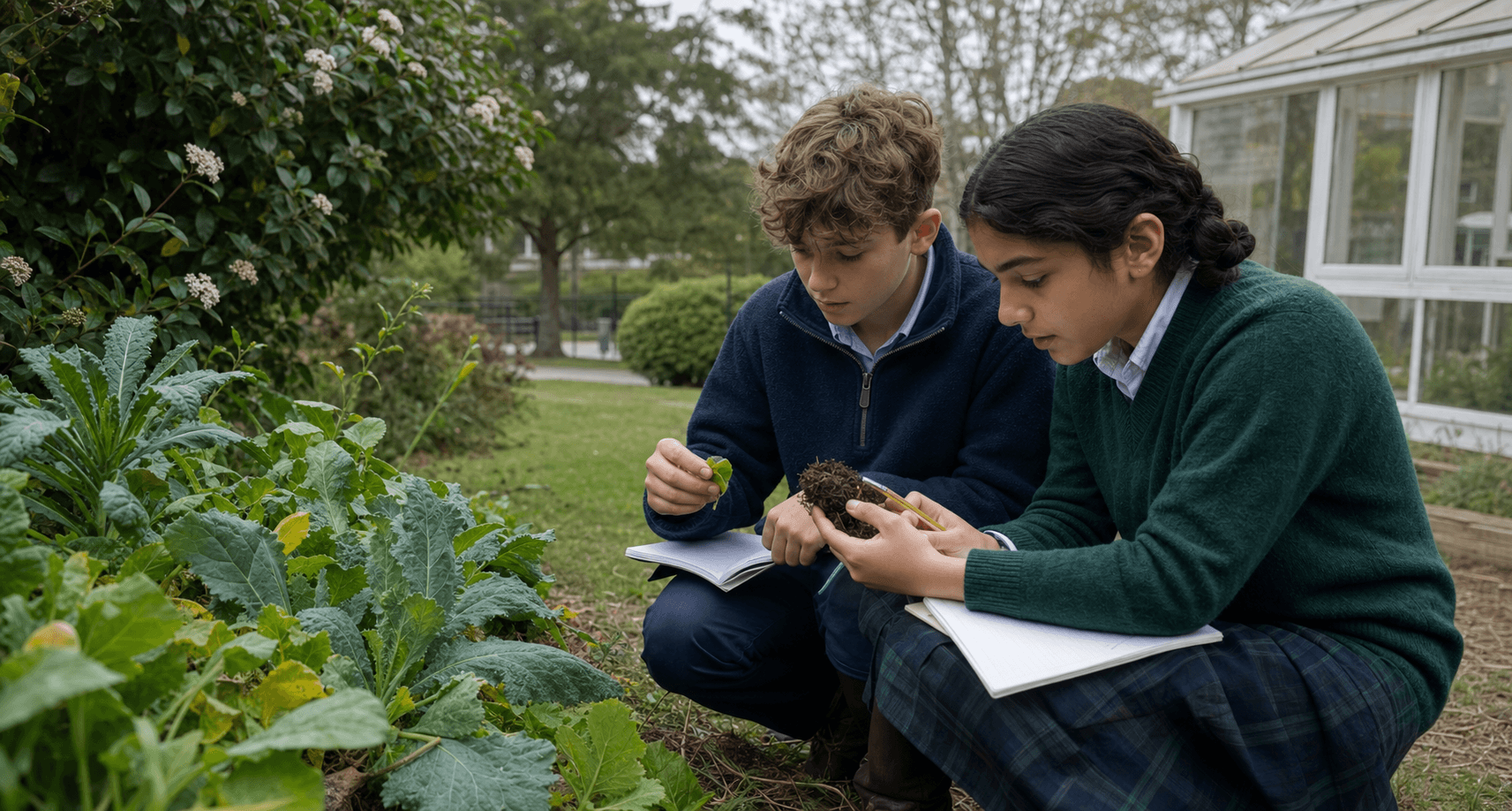 Students examining leaves and soil samples together in the school garden