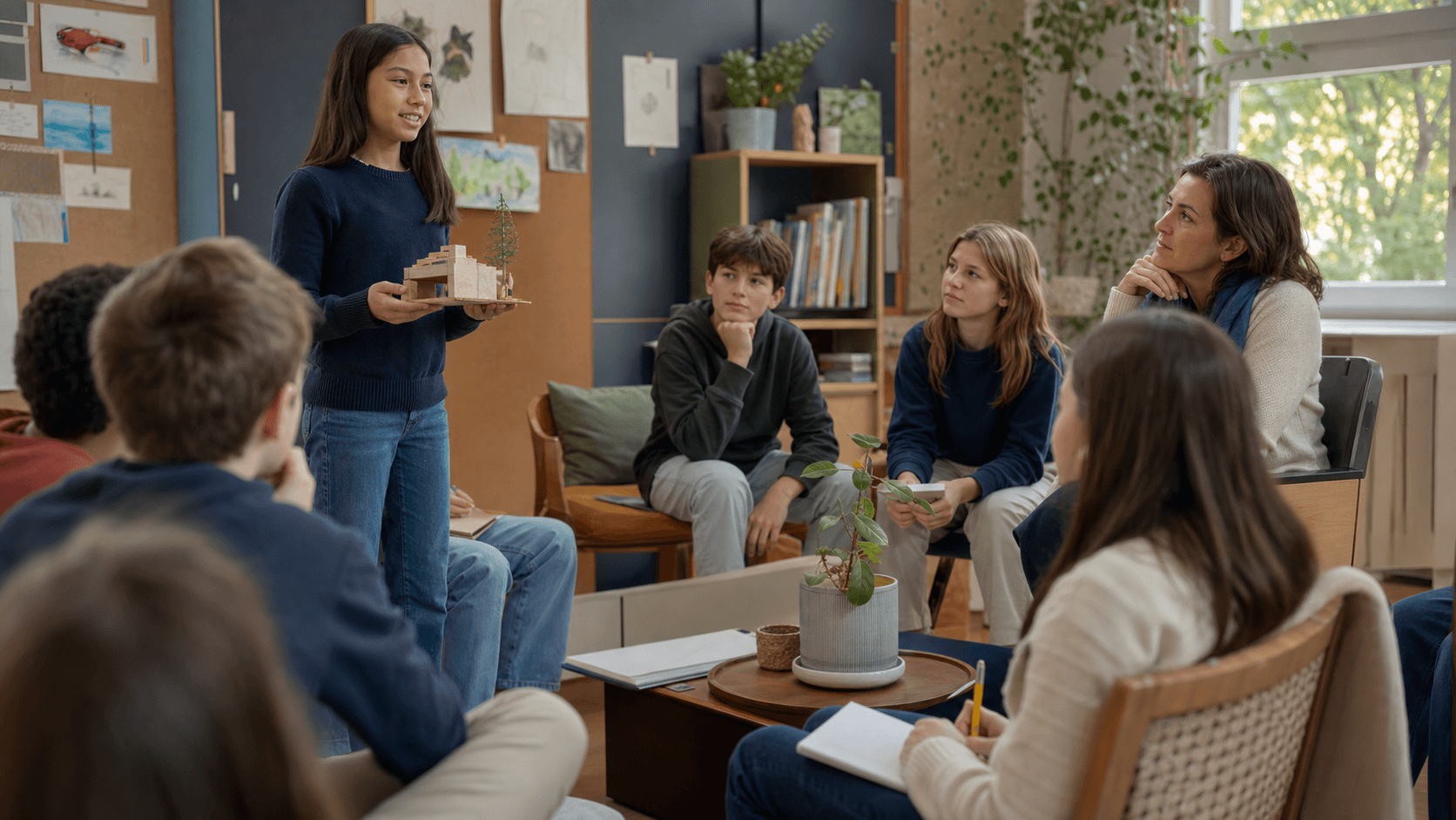A student presenting a handmade project to classmates in a classroom circle