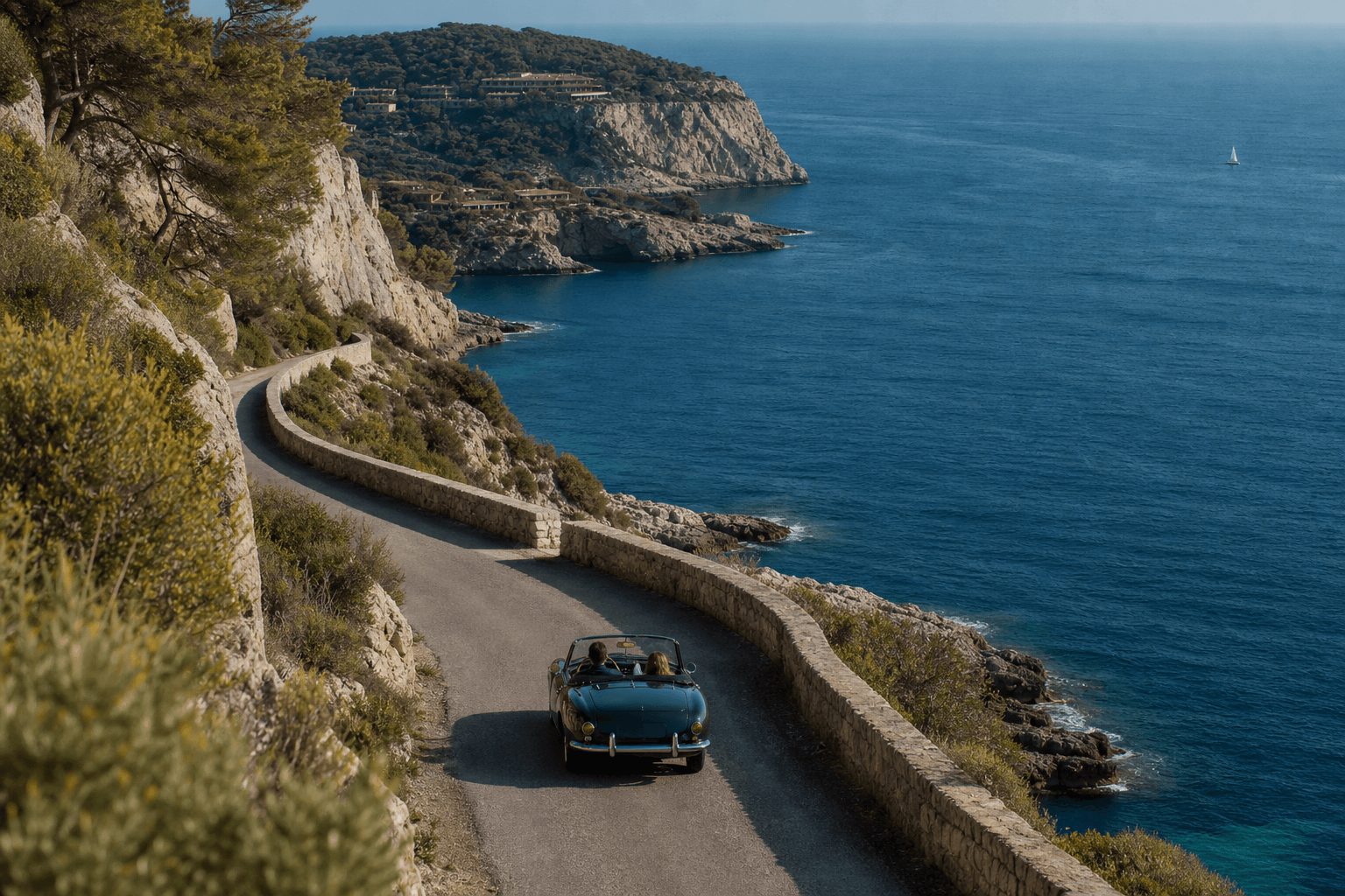 A quiet coastal road curving above a rocky Mediterranean cove