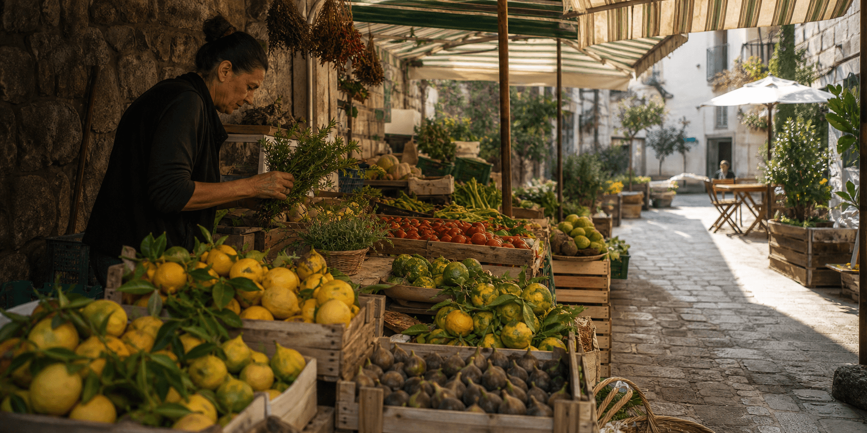 A vendor arranging produce in a quiet Mediterranean morning market