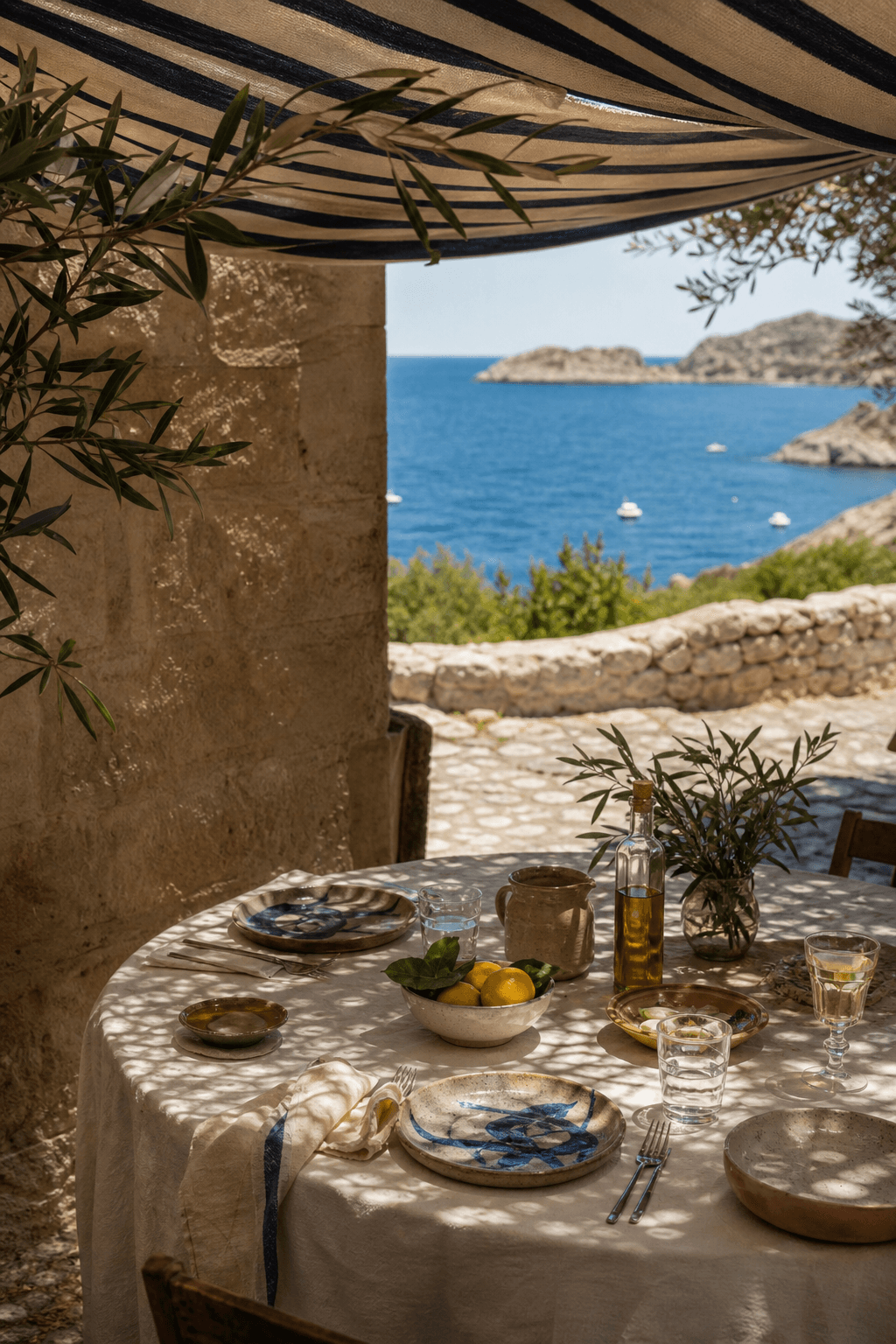 A table prepared for lunch on a shaded terrace overlooking the sea