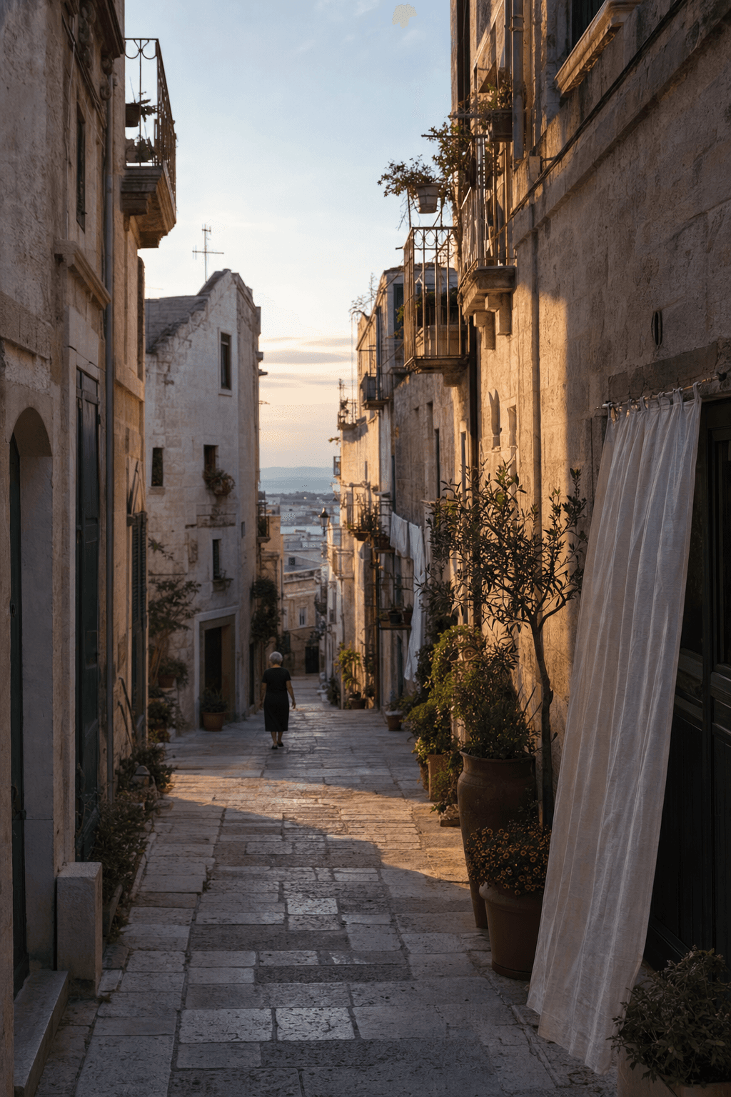 A quiet limestone lane in an old Mediterranean hill town
