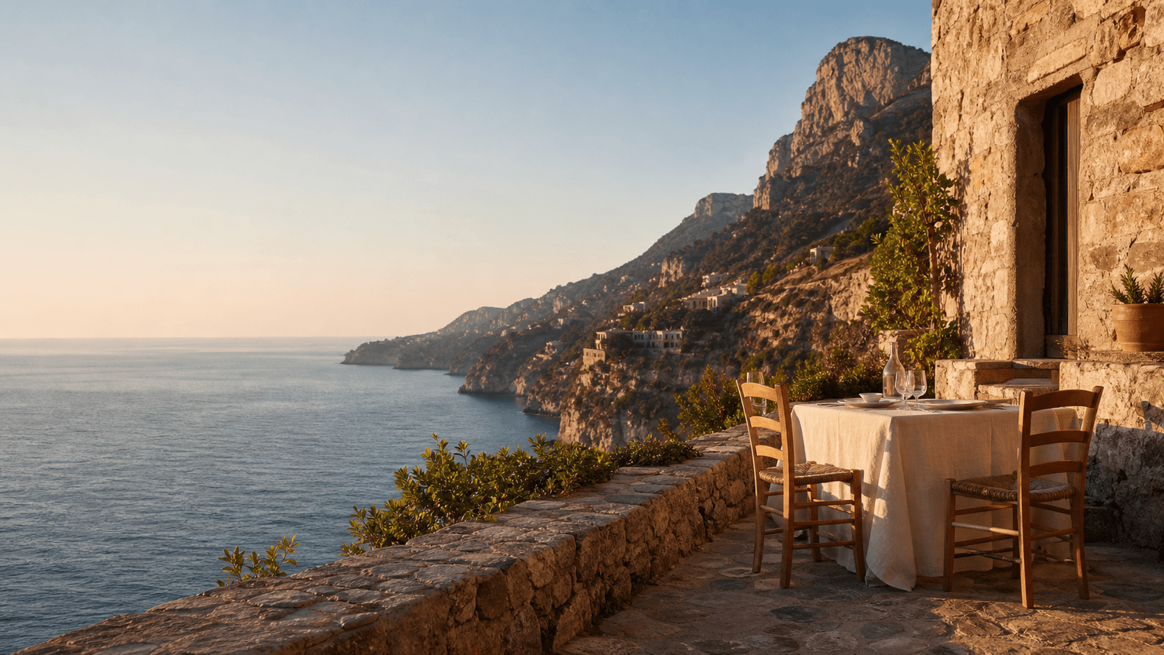 Stone terrace overlooking a quiet Mediterranean coastline at golden hour