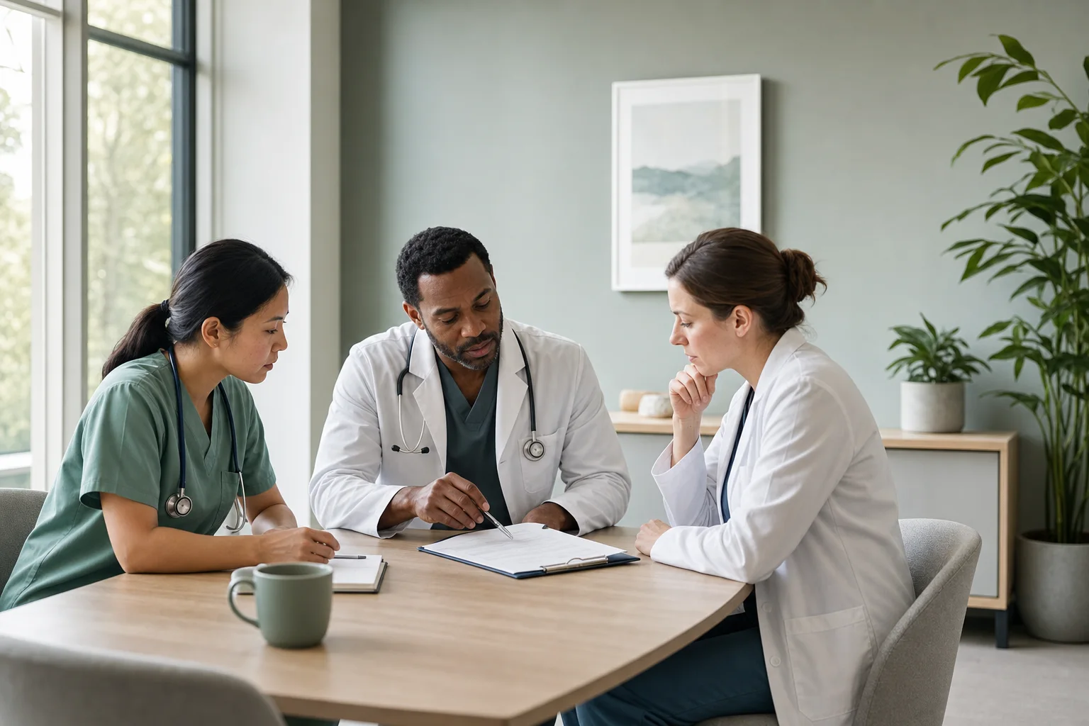 Three clinicians reviewing a care plan together in a clinic workroom