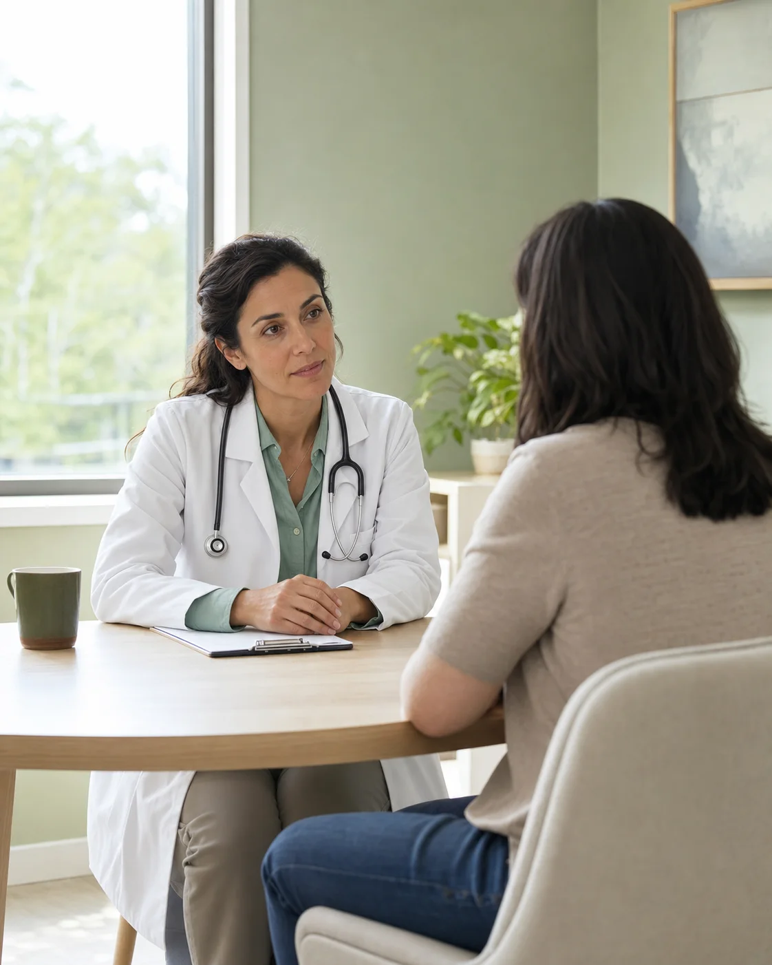 A physician listening carefully to a patient during a calm clinic consultation