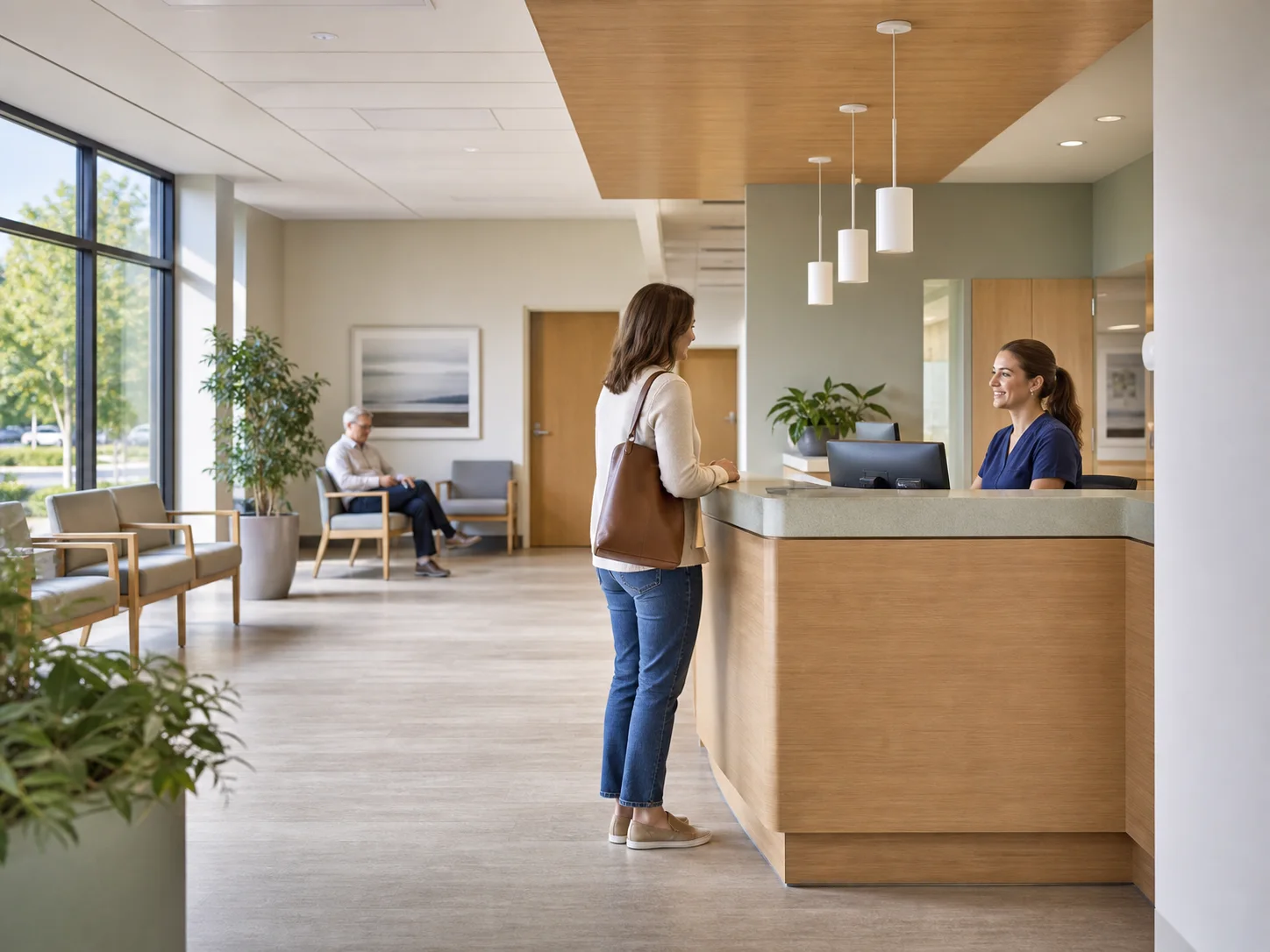 A patient checking in at a bright and welcoming neighborhood clinic